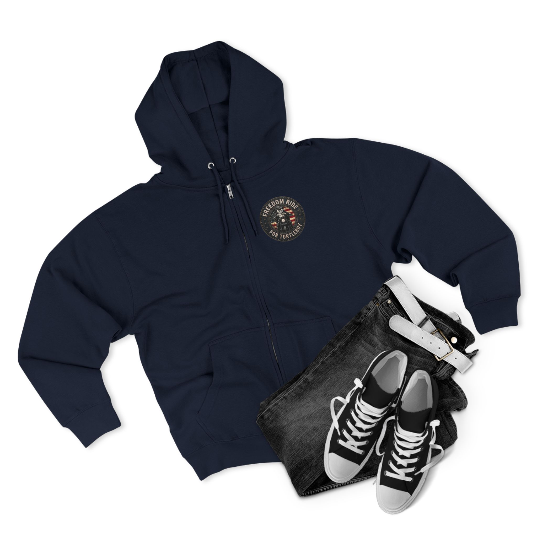 Freedom Ride for Turtleboy (Riders Wearing Gray) - Pocket and Back Design Unisex Zip Hoodie - Image 7