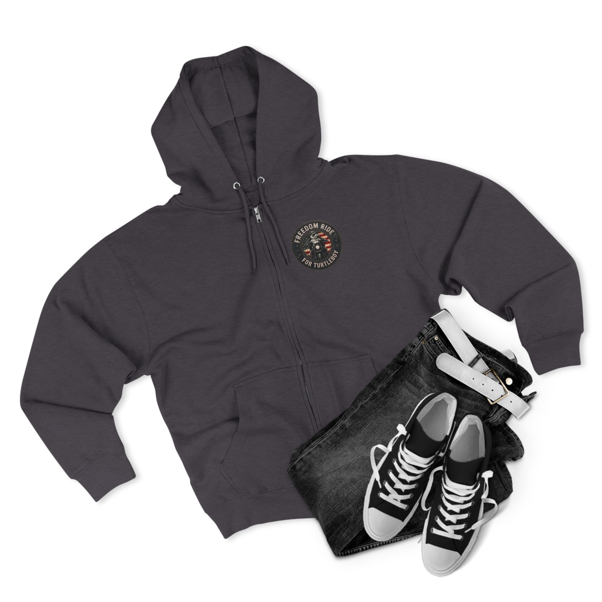 Freedom Ride for Turtleboy (Riders Wearing Gray) - Pocket and Back Design Unisex Zip Hoodie - Image 3
